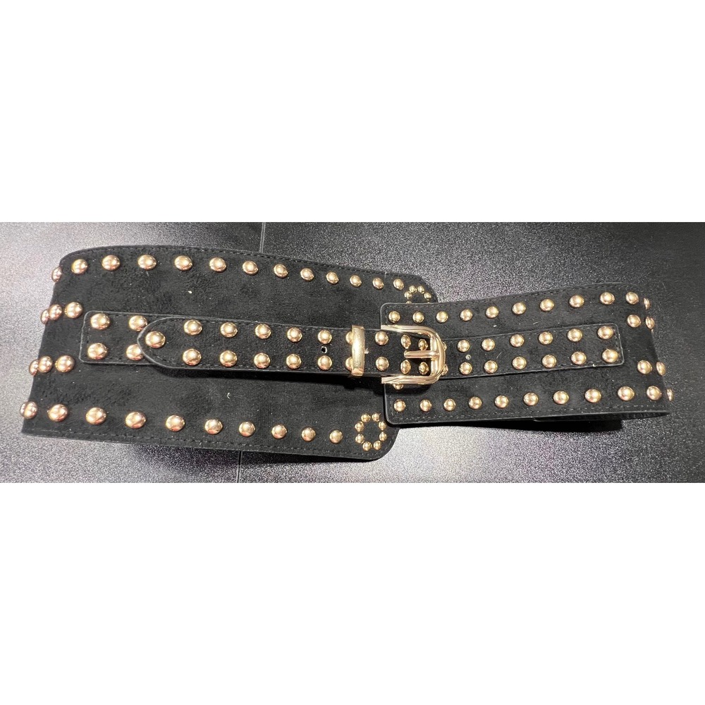 Womens Wide Elastic Cinch Belt‎ Black Faux Suede Gold Studded Waist Belt XL 34in